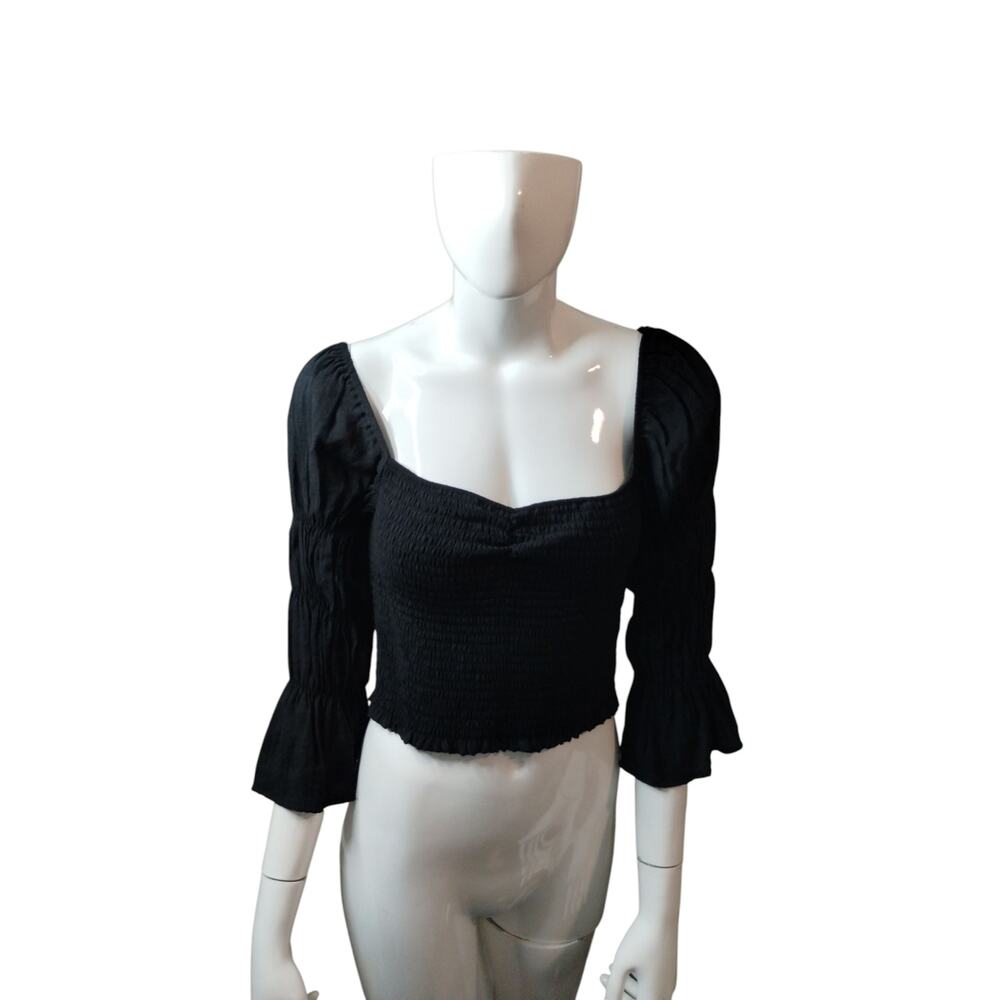 Lulus Women's size M Savia Black Smocked Puff Sleeve Crop Whimsigoth Witchy Top - Picture 4 of 12